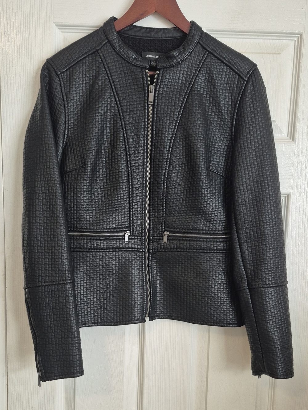 Lord & Taylor Black Basketweave Faux Leather Jacket Moto Style Size 6